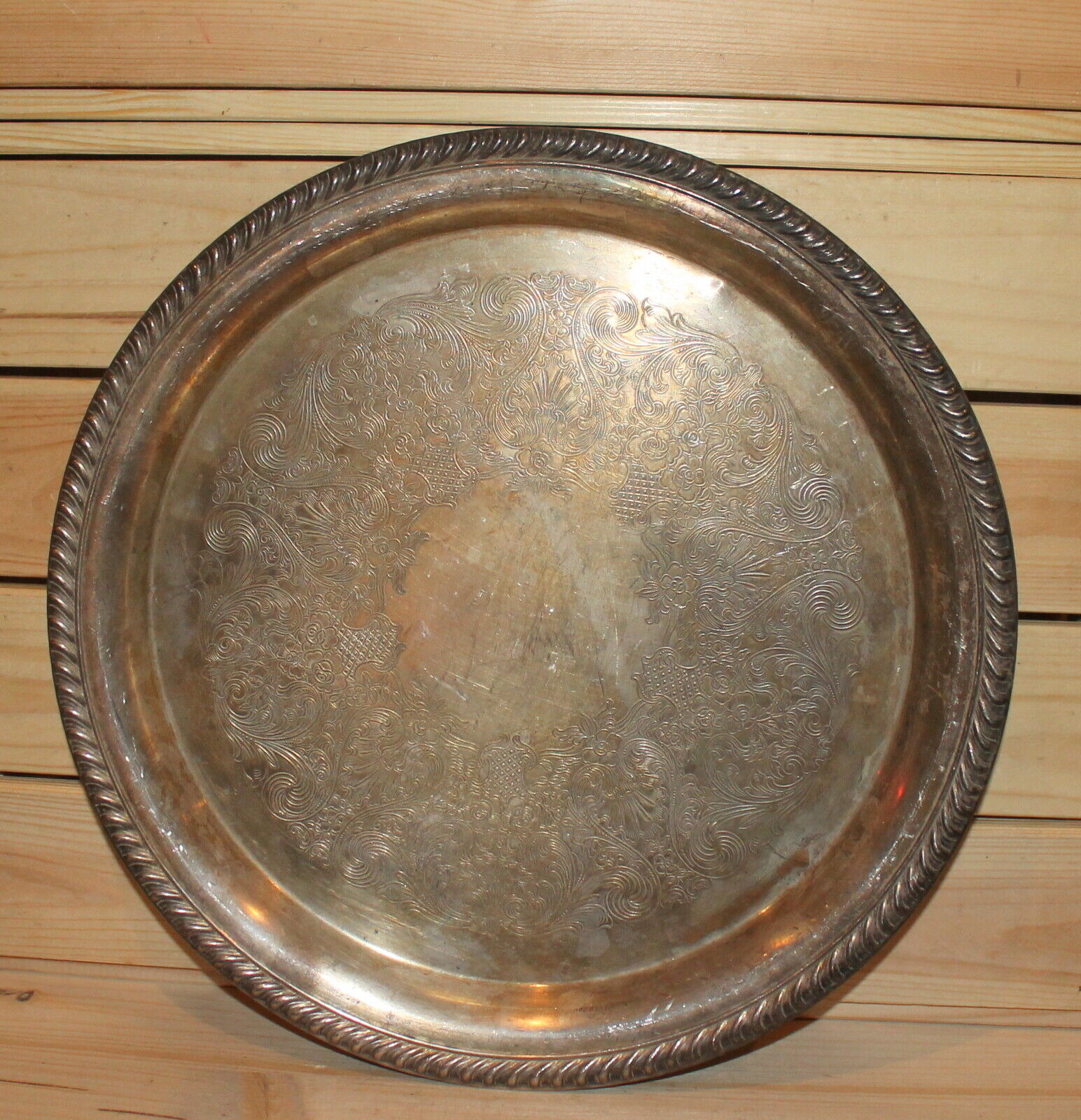 Vintage round silver plated floral platter tray