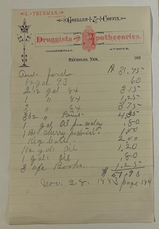 1883 Reynolds Nebraska Goeller Coffin Antique Pharmacy Billhead Used Receipt 