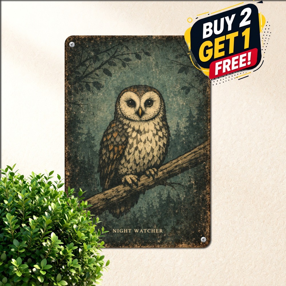 Majestic Great Horned Owl Forest Bird Metal Sign Rustic Cabin Tin Plaque