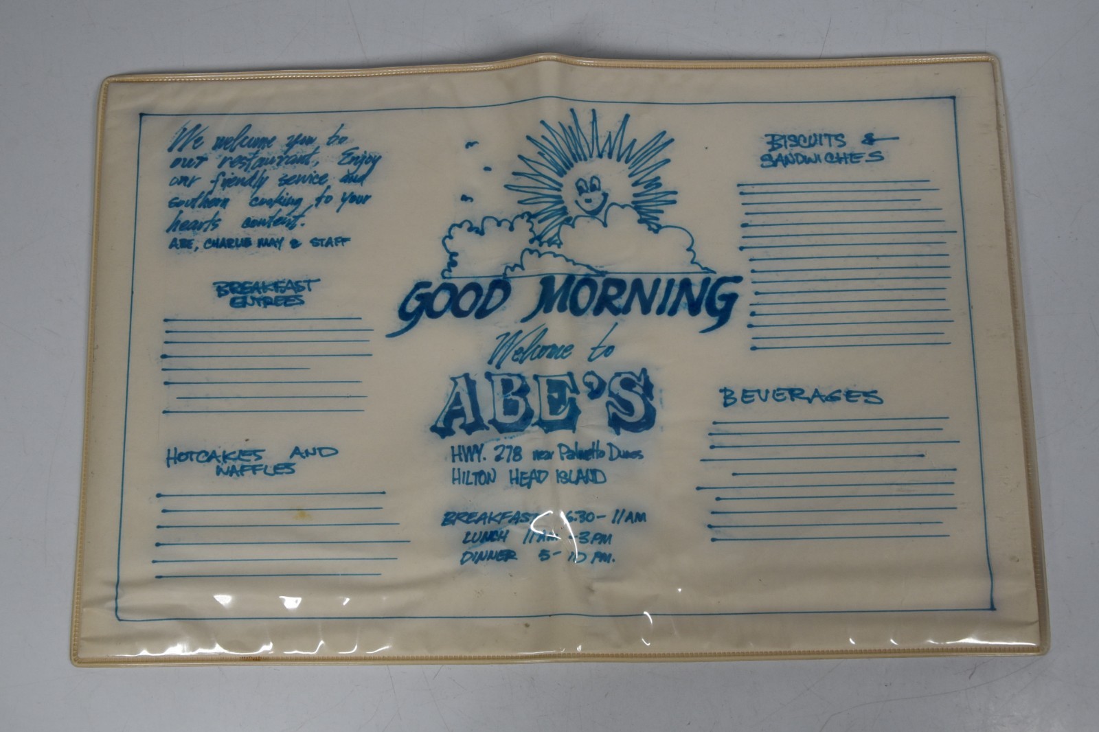 Vintage Abe\'s Good Morning Menu Placemat Hilton head Island Palmetto Dunes