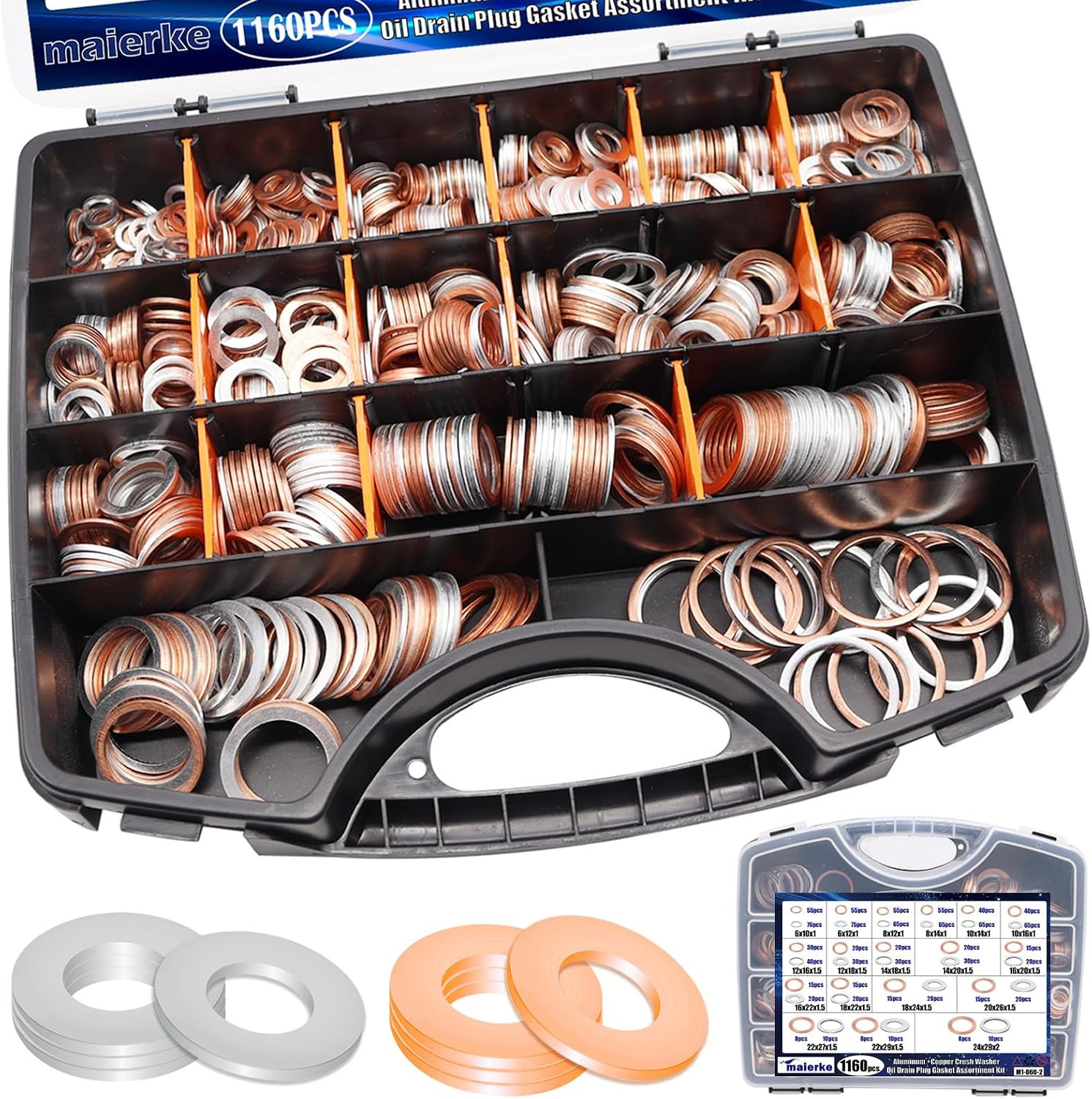 1160PCS Crush Washer Oil Drain Plug,18 Sizes Copper and Aluminum Oil Drain Plug