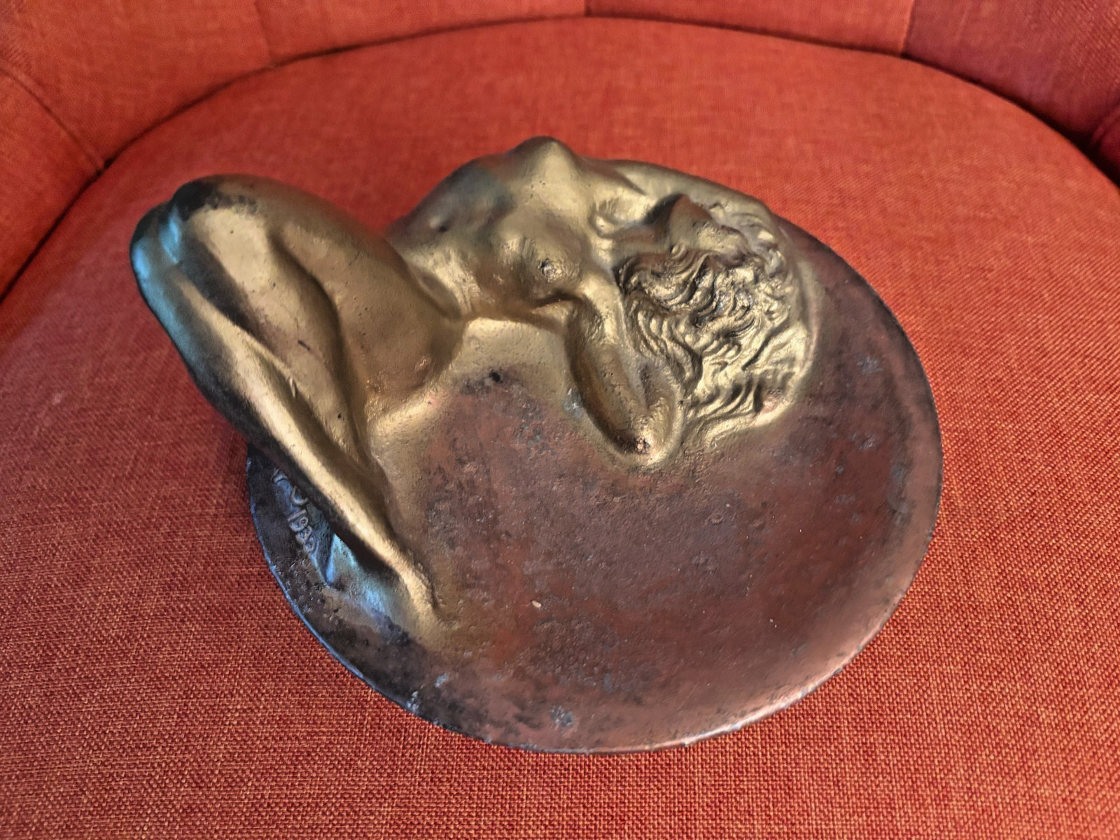 McClelland Barclay Signed Gilt Dish with Nude Woman from 1932 McClelland Barclay Signed Gilt Dish with Nude Woman from 1932