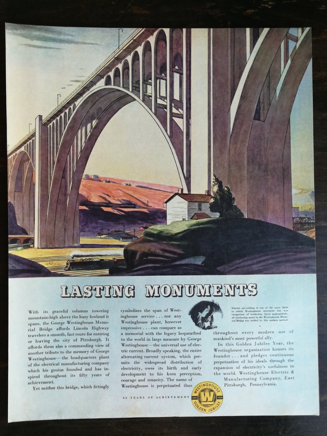 Vintage 1936 Westinghouse Print Ad Pittsburgh PA Memorial Bridge Golden Jubilee