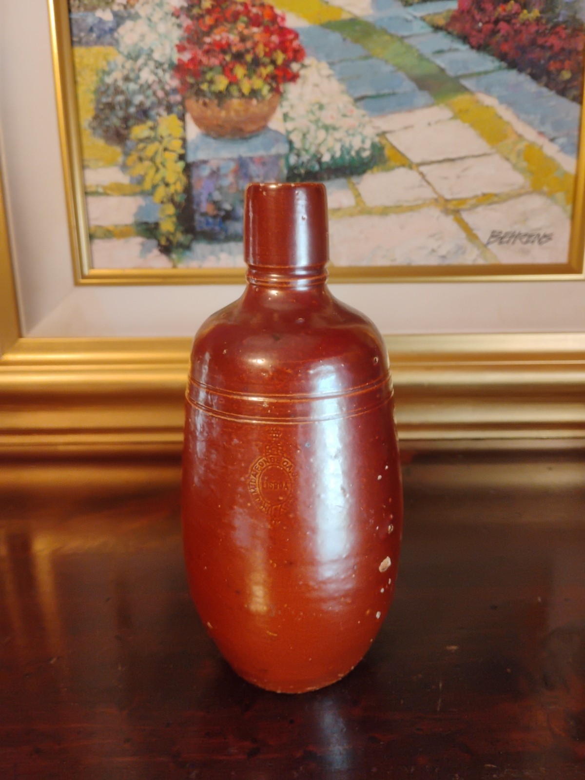 Vntg Jose Maria da Fonseca Portugal Brown Salt Glazed Stoneware Wine Bottle 9”