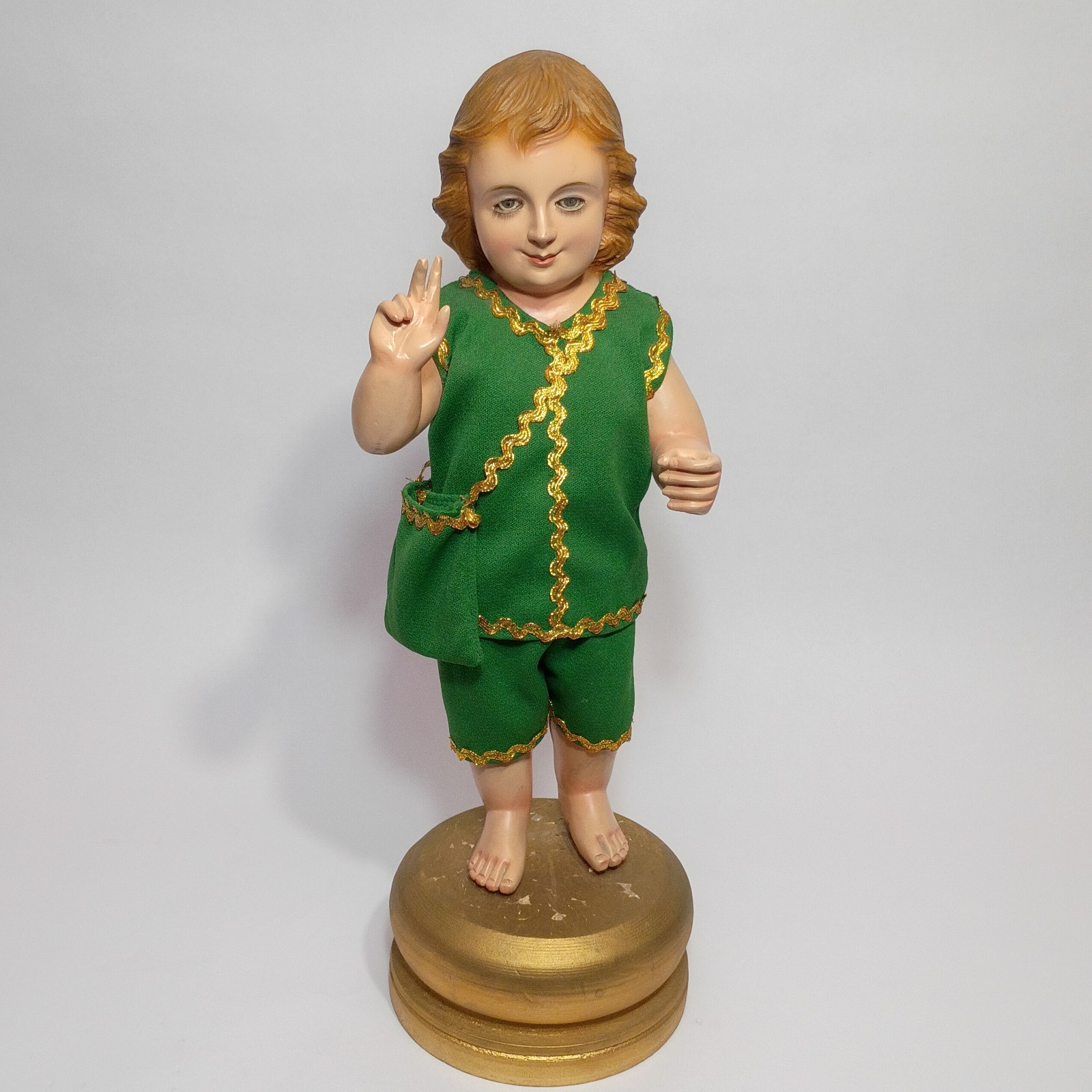 Vtg Santo Niño Christ Child Statue on Wood Stand Green Robe Religious Figure 17 Vtg Santo Niño Christ Child Statue on Wood Stand Green Robe Religious Figure 17