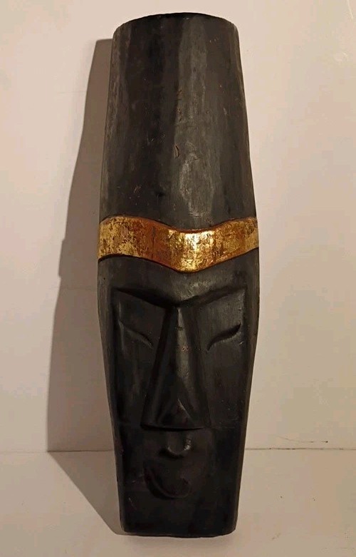 Vintage African Hand Crafted Wooden Tribal Mask Black Gold 15.75\