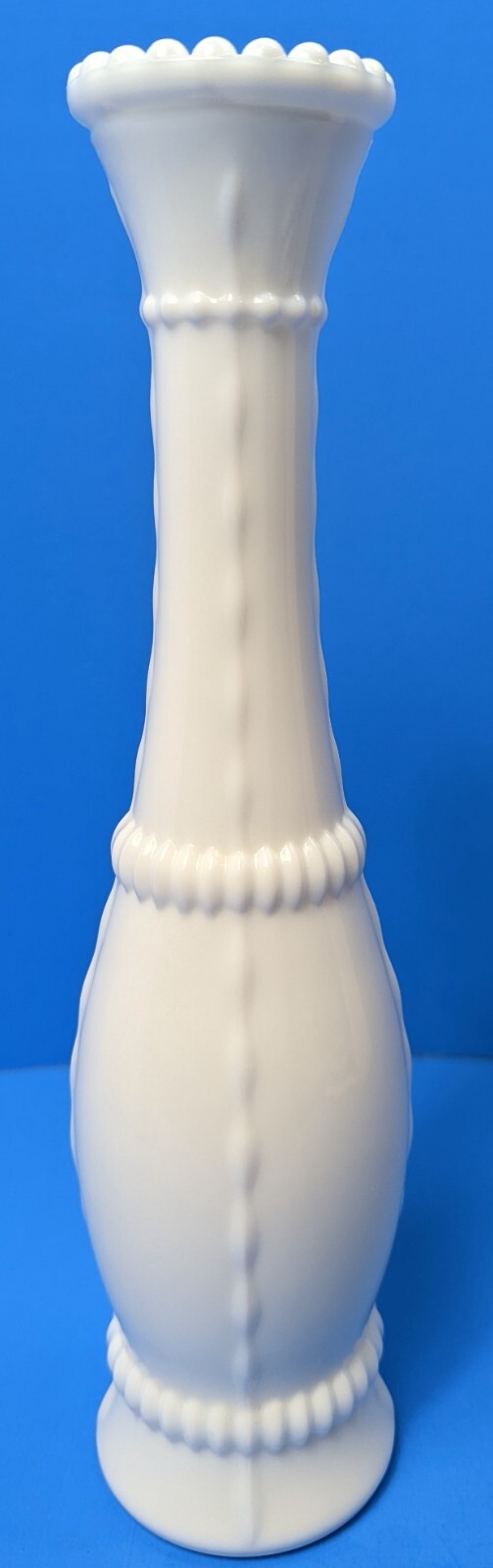 Milk Glass Bud Vase – 10.5 inch tall – Beaded Bands
