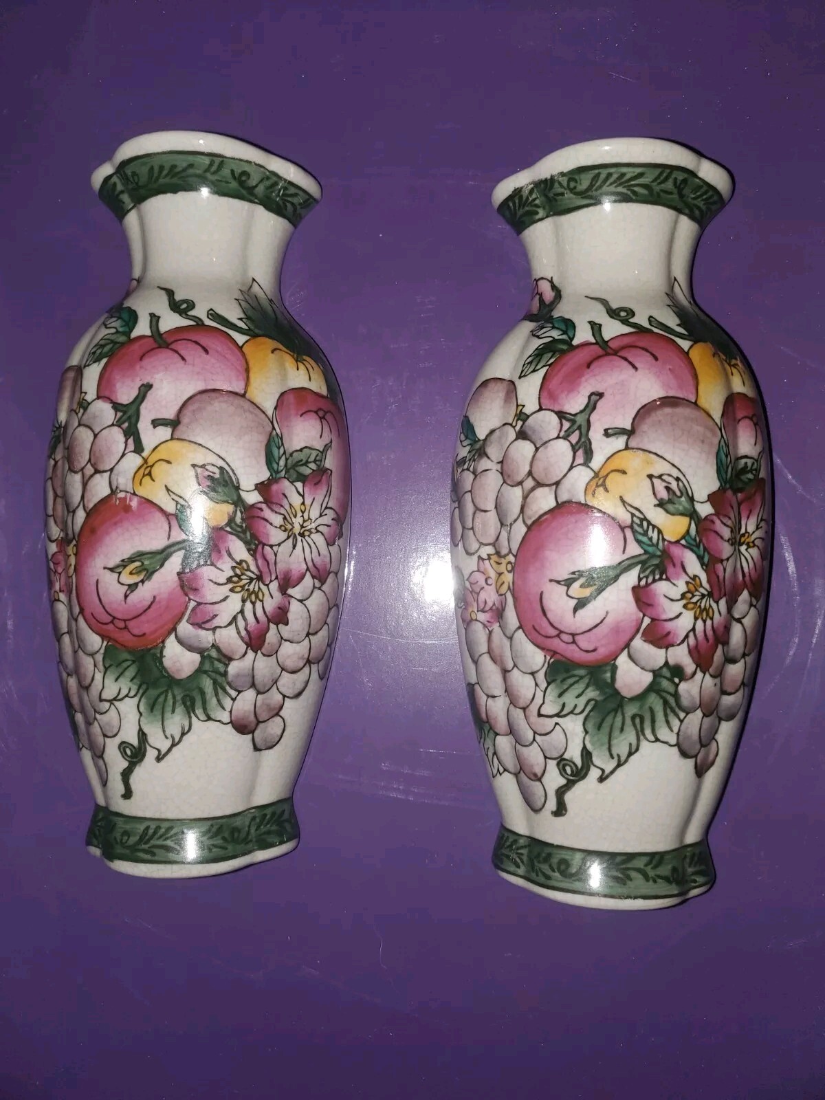 Pair Of Vintage Chinese Floral Painted Green Pink White Half Wall Vase Decor