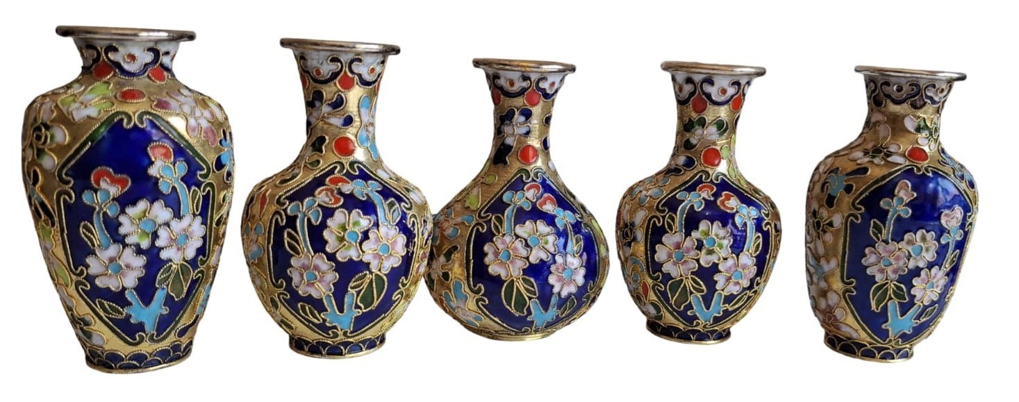 Vintage Cloisonné Style Enamel Mini Vase Set of 5 Blue Floral Collectible