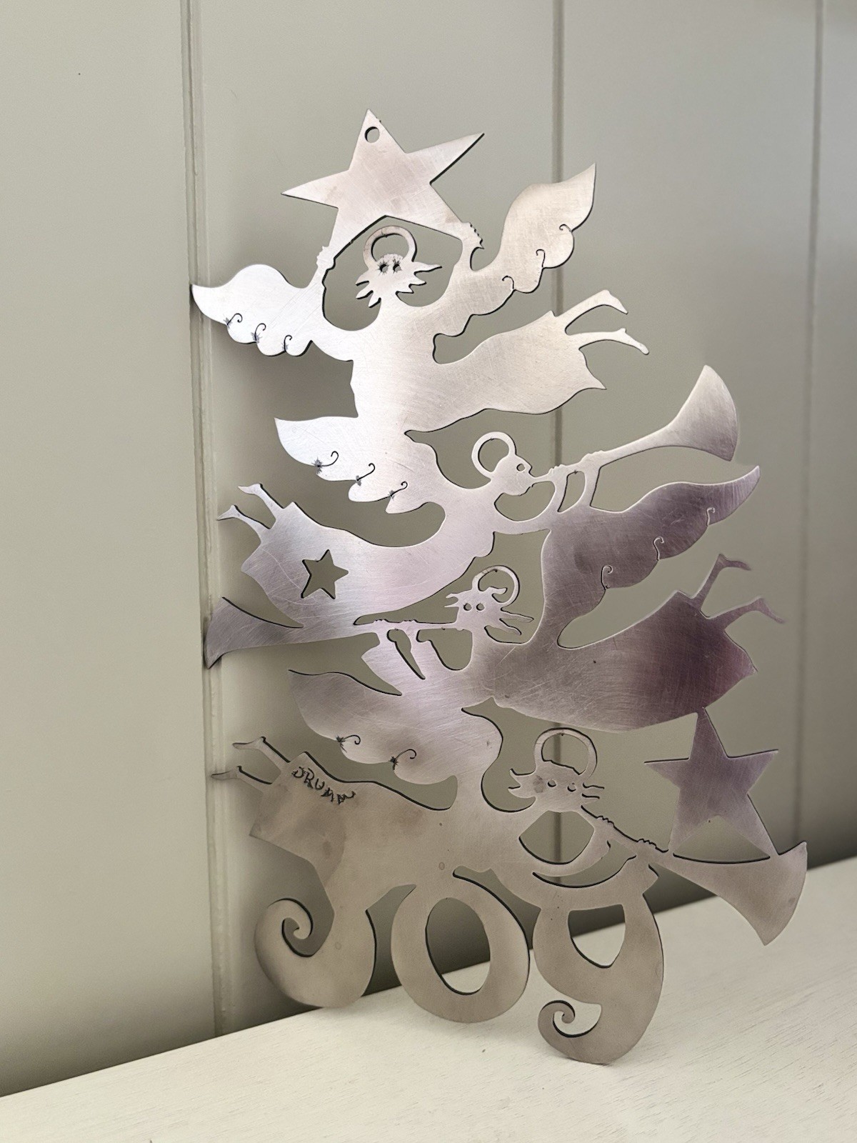 Vtg Don Drumm Signed Aluminum Laser Cut Christmas Ornament “Joy” Angels Trumpets