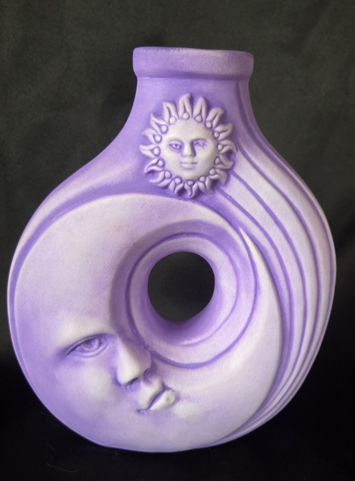 Vtg 90's Celestial Sun Moon Vase Pastel Purple Ceramic Signed T. Loc Whimsigoth