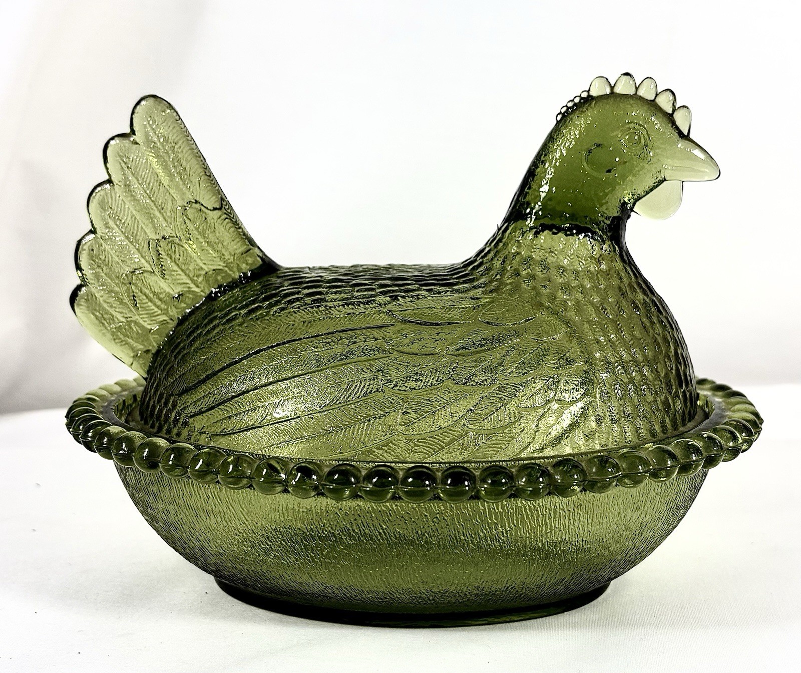 Vintage Indiana Glass Olive Green Glass Beaded Rim Hen on Nest Candy Dish 7.5” L