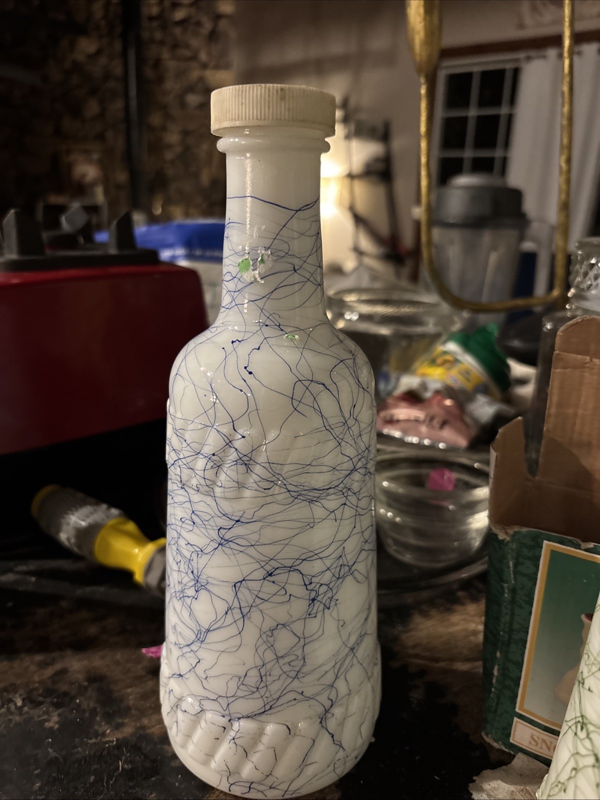 Vintage 1950s Hazel-Atlas Milk Glass Blue Drizzle Wine Bottle with Lid