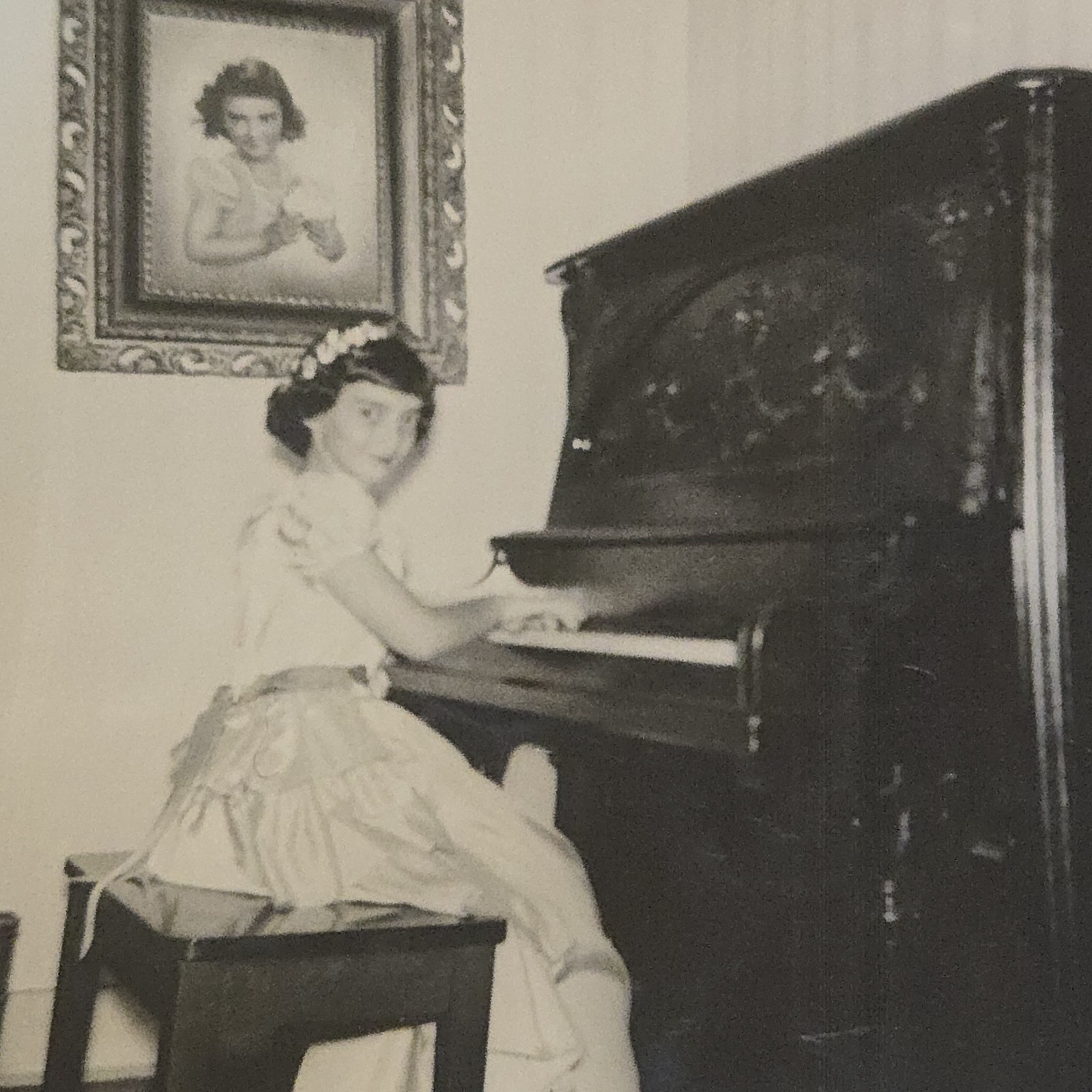 Vintage B&W Photo Snapshot of Young Girl in Recital Dress Sitting Playing Piano