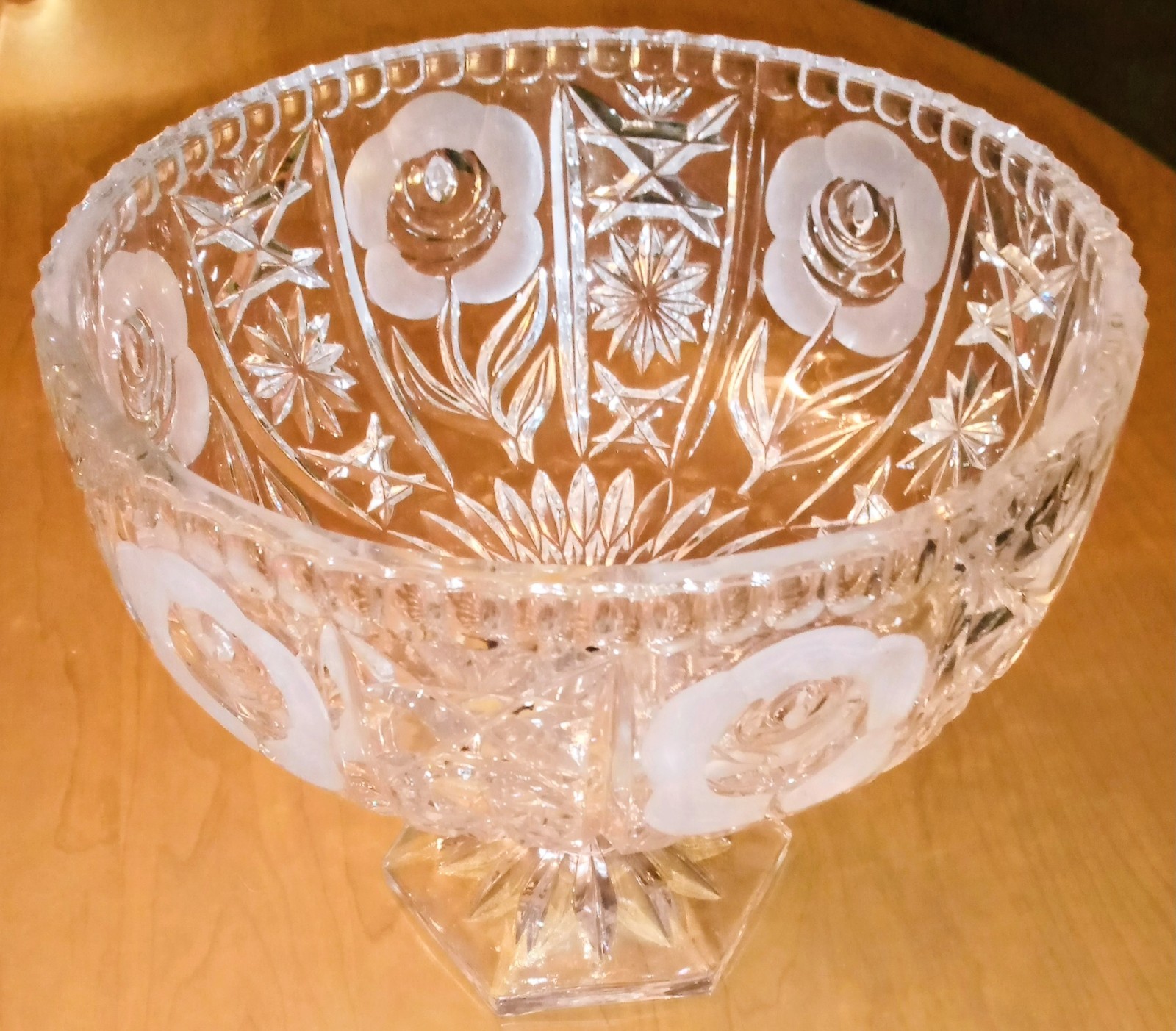 Vintage Frosted Rose Lead Crystal Hand Cut Heavy Large Compote