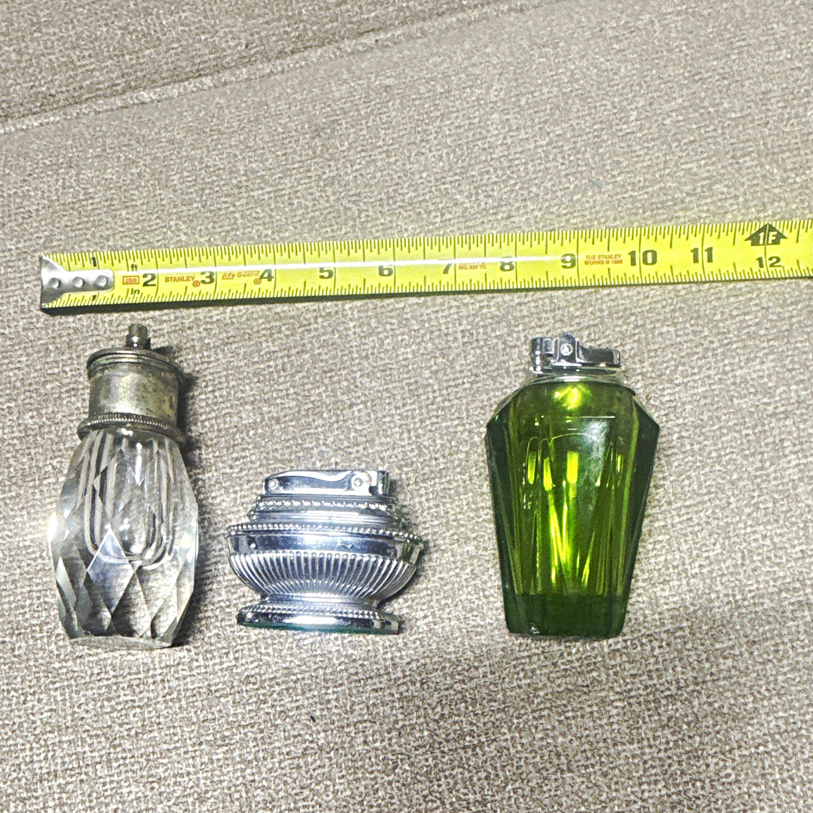 Lot of 3 Vintage Glass Table Lighters - Clear, Green & Silver Tone