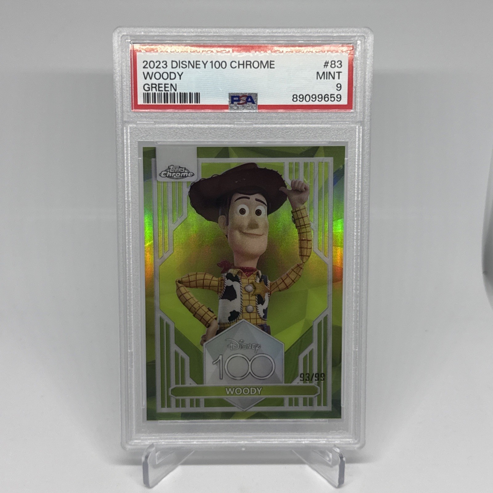 2023 Topps Disney 100 Chrome #83 Woody Green Refractor /99 PSA 9 🔥
