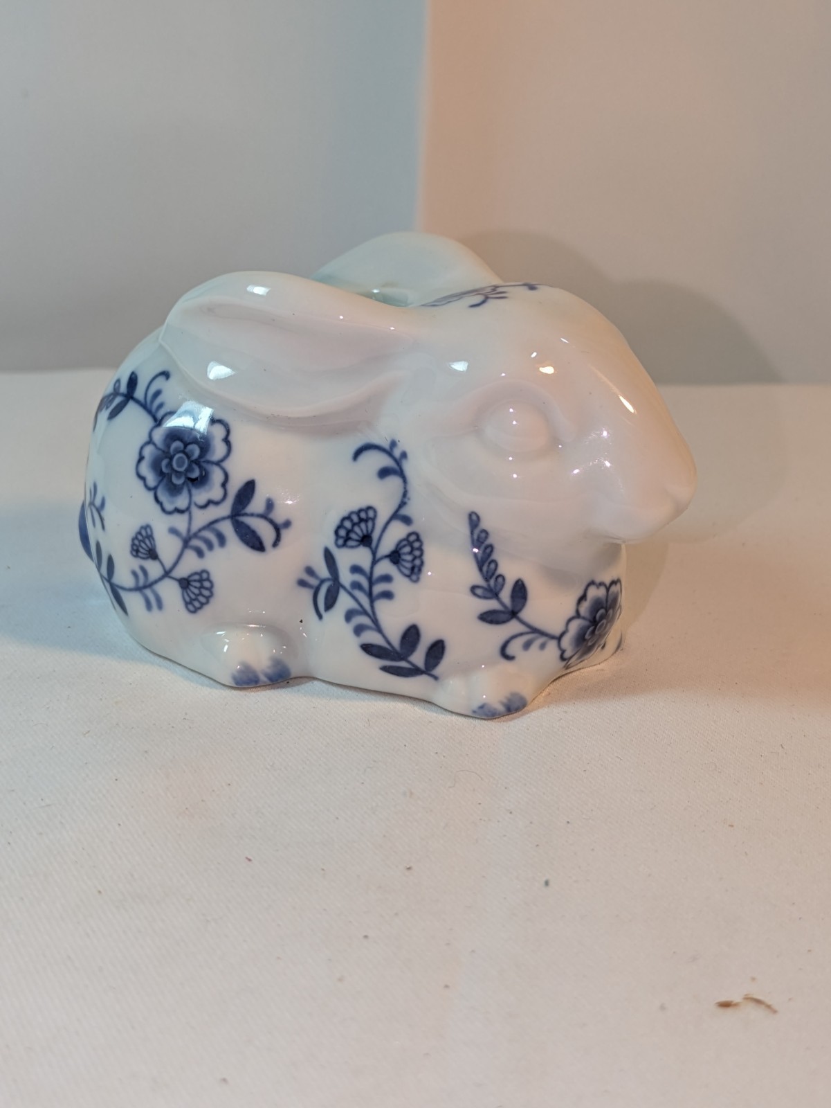 Vintage Andrea By Sadek Blue White Porcelain Bunny Rabbit Taper Candle Holder