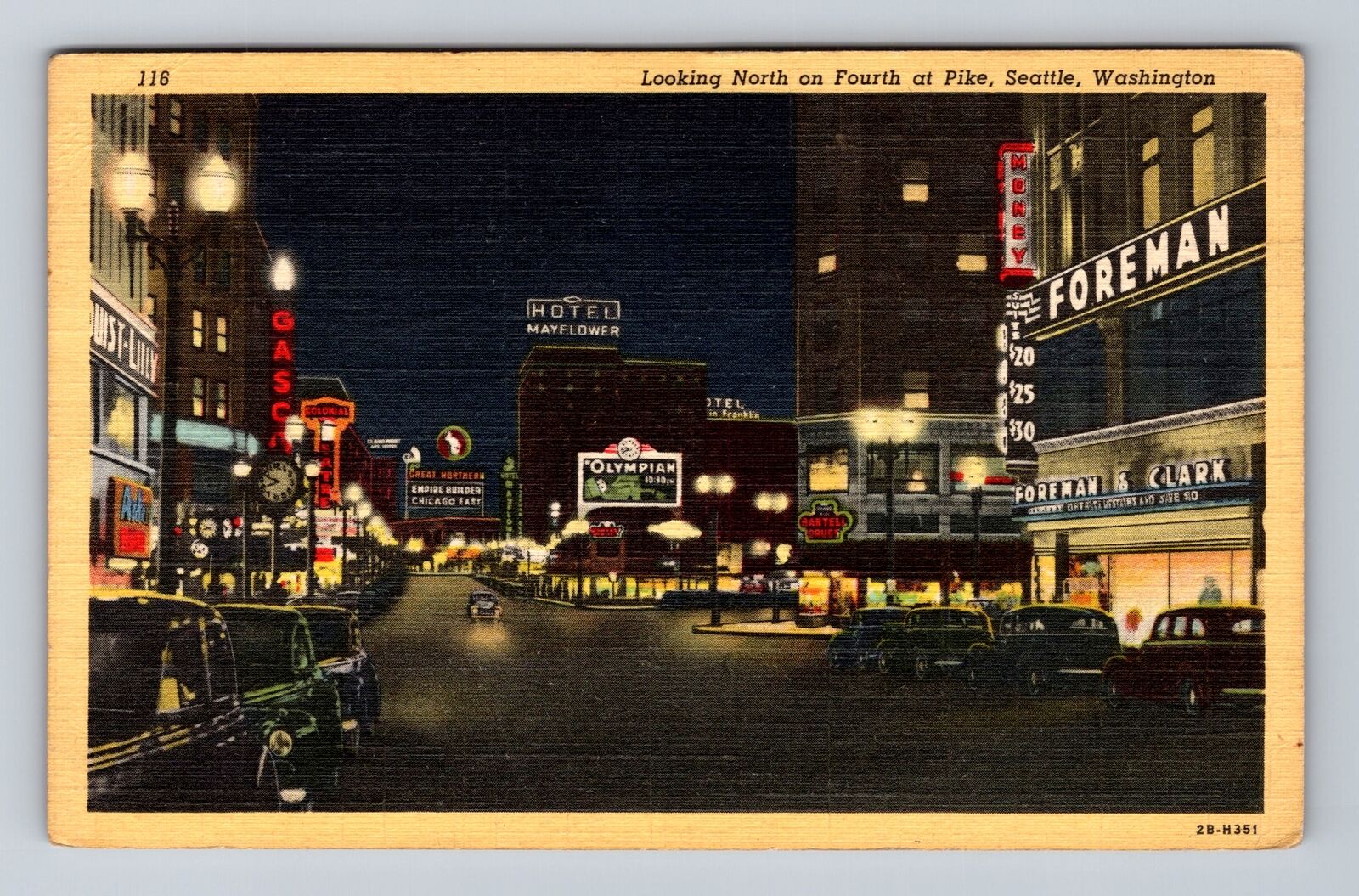 Seattle WA-Washington, Looking North on Fourth at Pike at Night Vintage Postcard