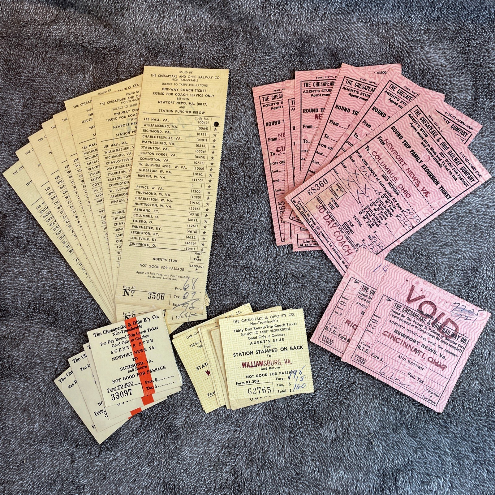 Vtg C&O Railway Ticket Agent Stubs Archive Lot 32 George Washington Train OH WV 