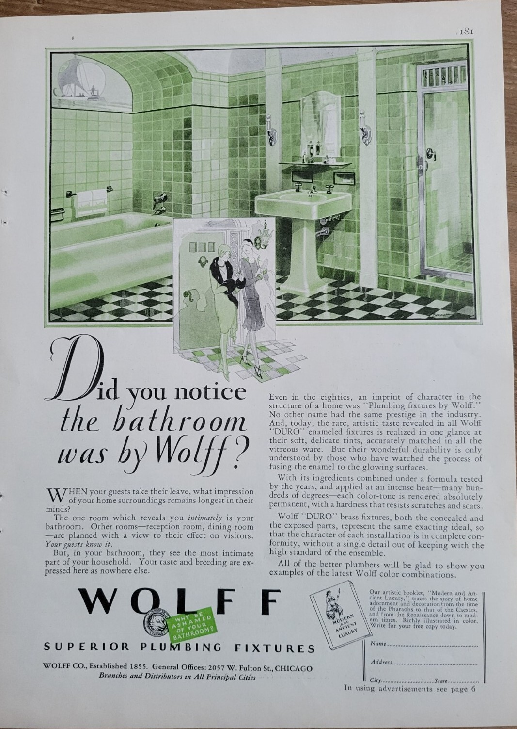 1929 green Wolff superior plumbing bathroom fixtures tub sink vintage ad
