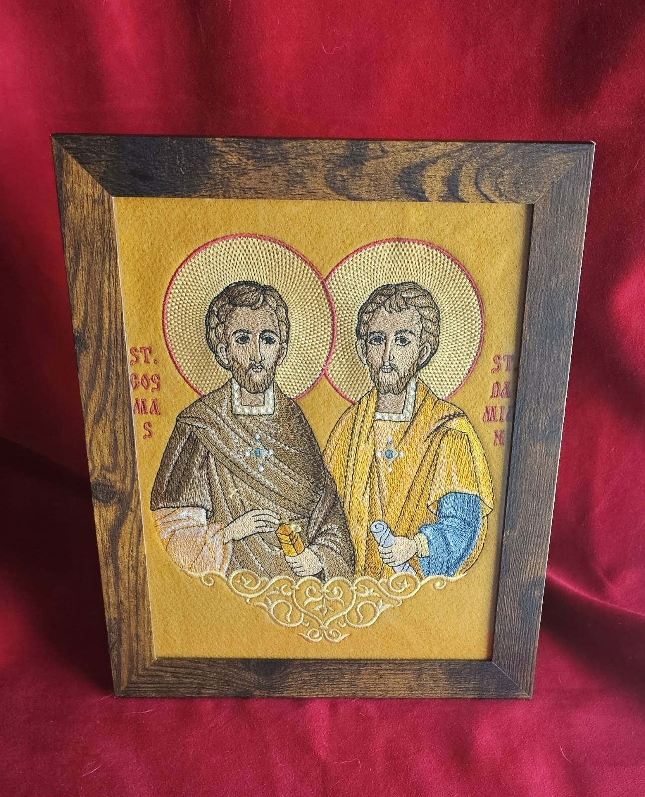 Saints Cosmas and Damian Embroidered Orthodox Icon – Framed – 8 x 10 in