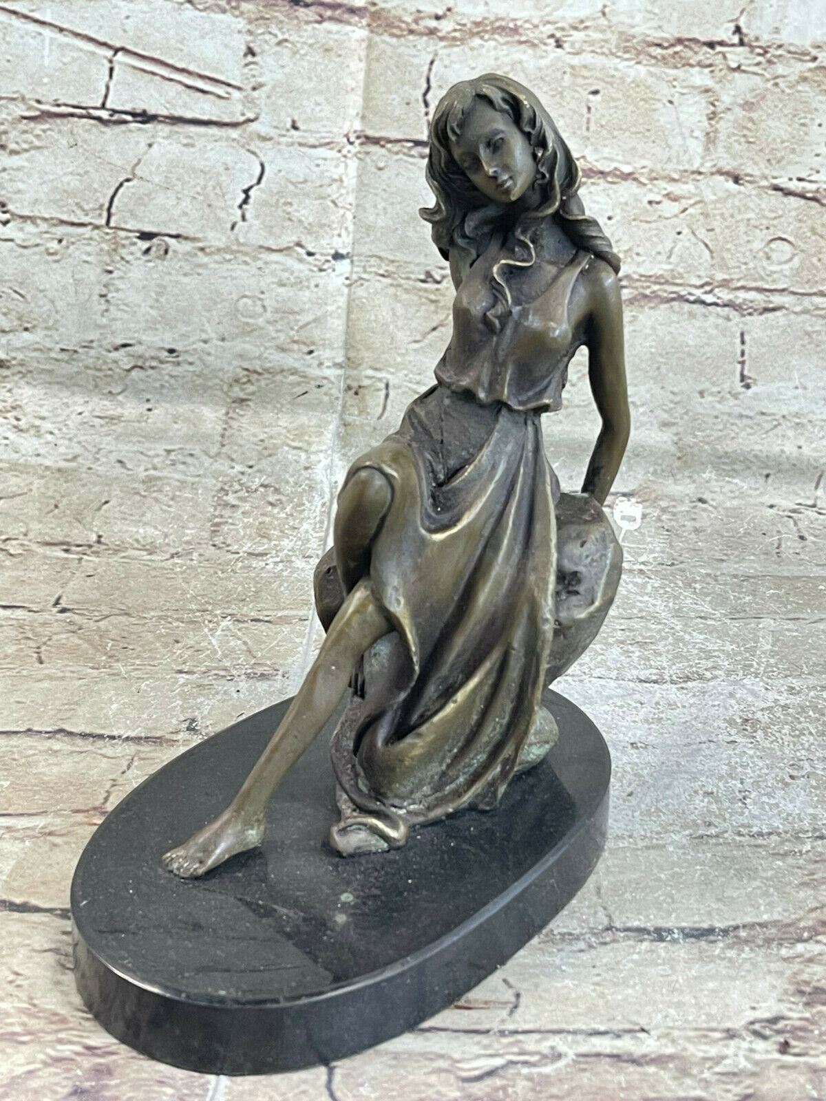 Hot Cast Gorgeous Detailed Girl sitting on Rock Bronze Sculpture Marble Artwork