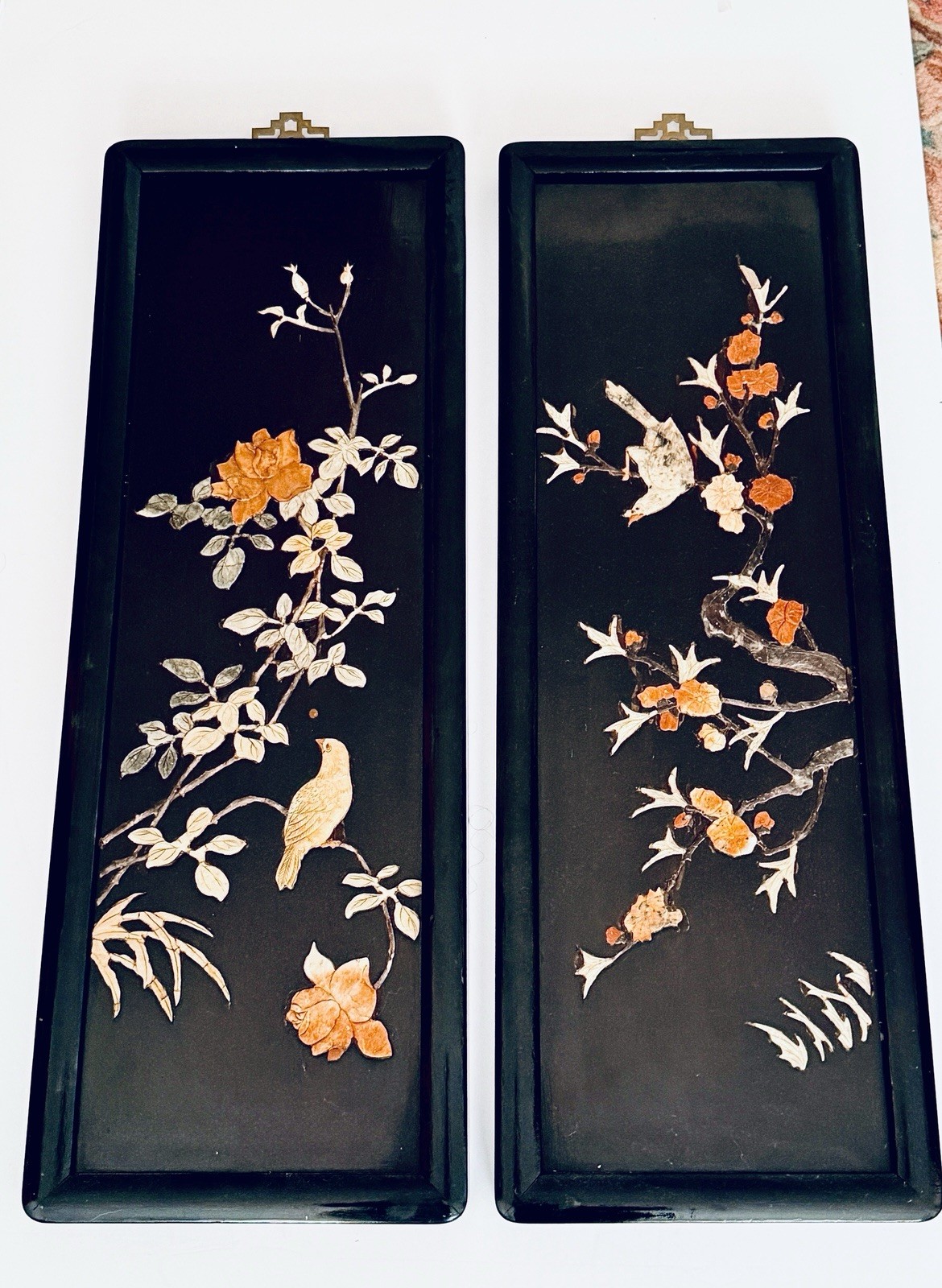 Pair Vintage Chinese Black Laquer Panels With Hand Carved Stone Inlay 26x9”