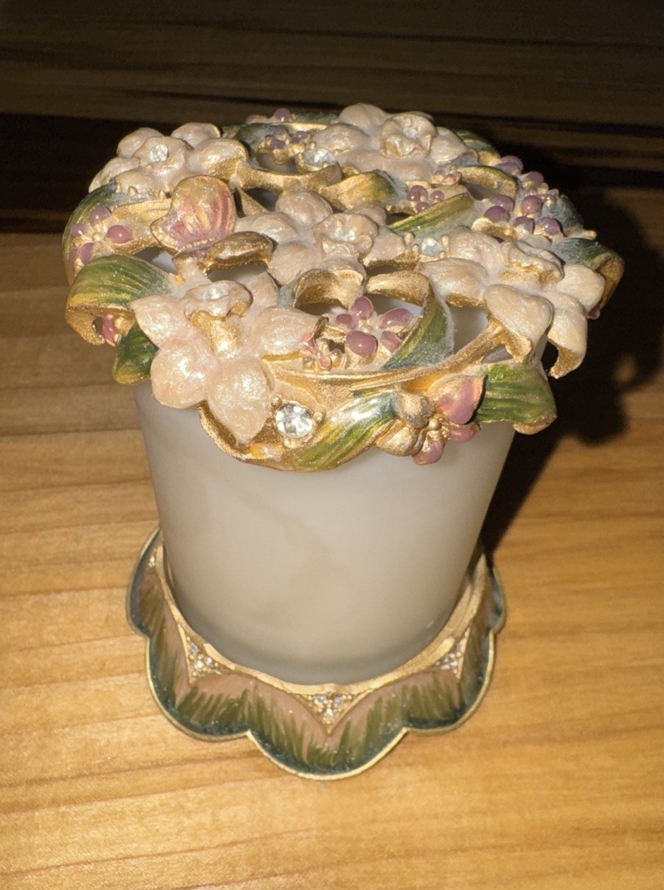 Embellished Jeweled Floral Cast Metal Candleholder W/ Lid & Candle