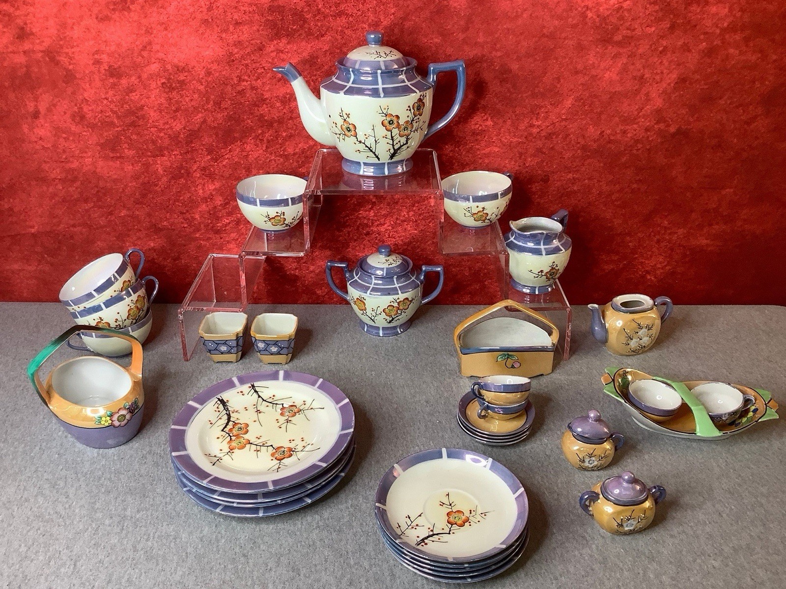 Lot of VTG 1920/30s Japanese Takito Lusterware Cherry/Plum Blossom Tea Pieces