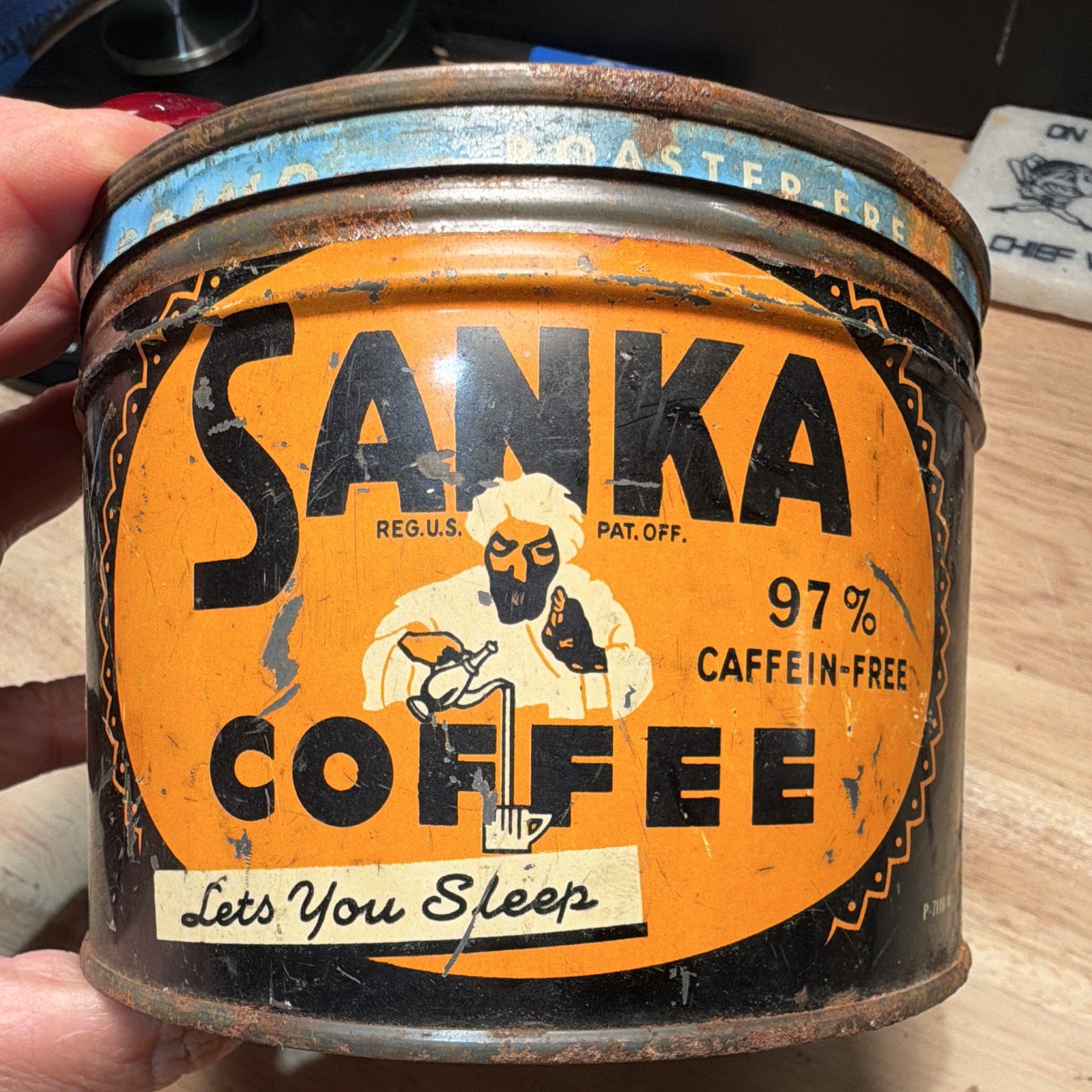 Sanka Vintage 97% Caffeine-Free Advertising Tin Can w/ Lid 1 lb \
