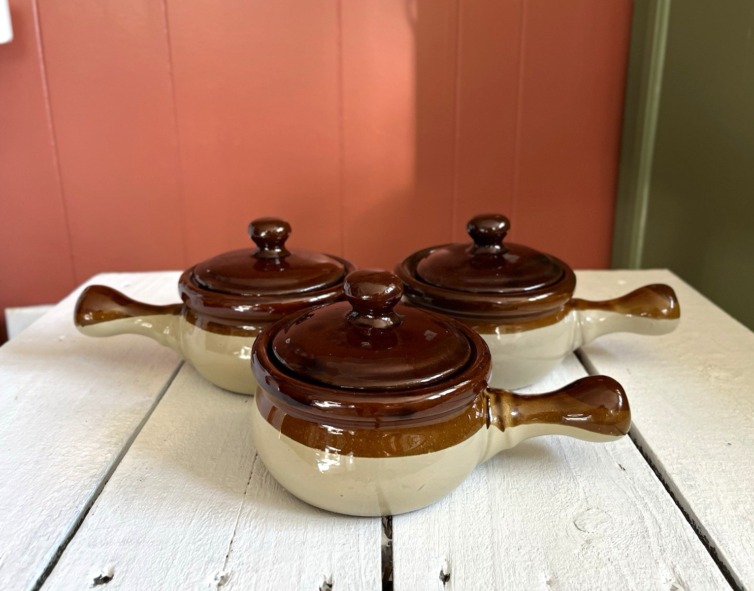 3-Piece Vintage Glazed Stoneware Soup Crocks