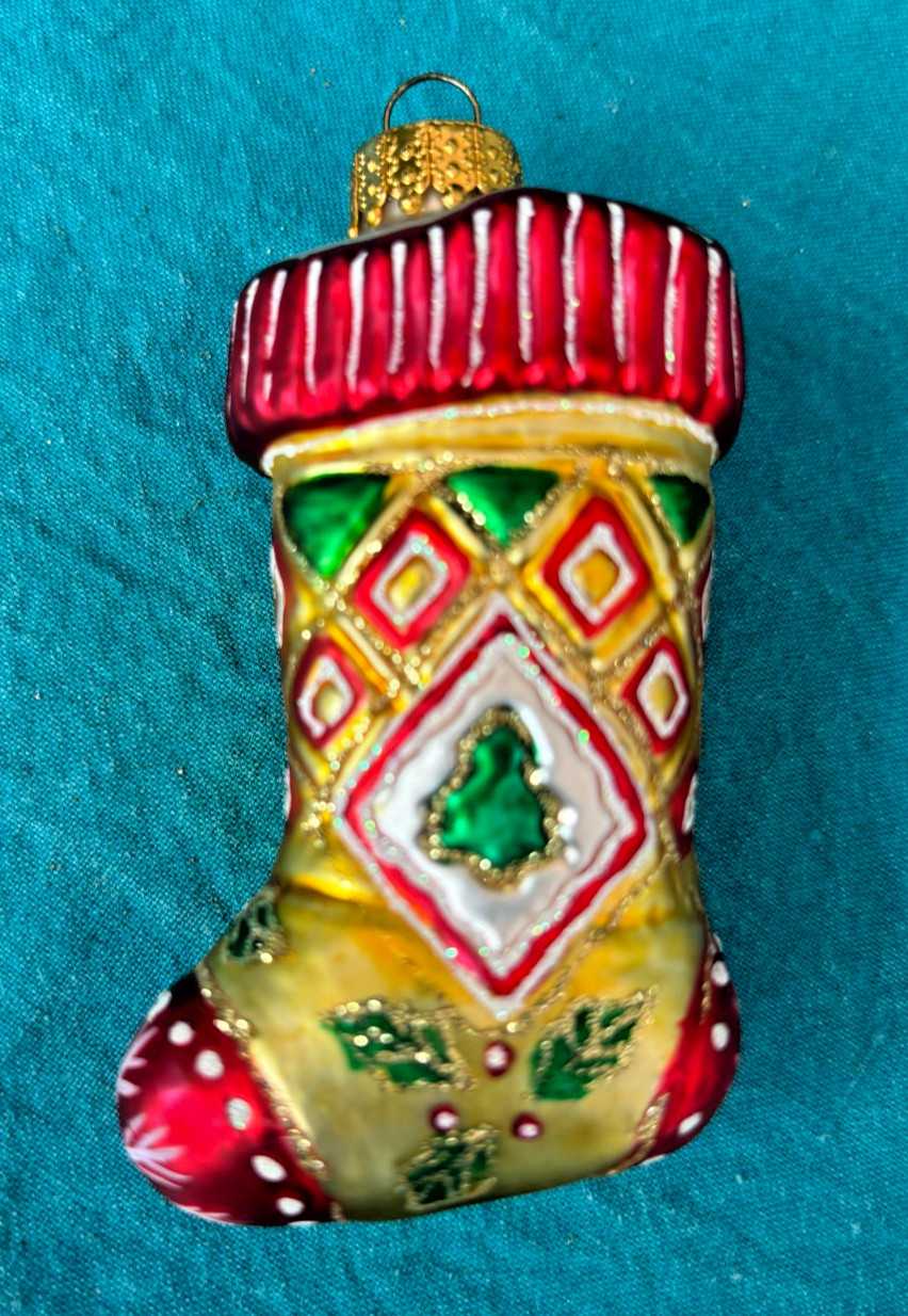 Vintage Polish Hand-Blown Glass Christmas Stocking Tree Ornament
