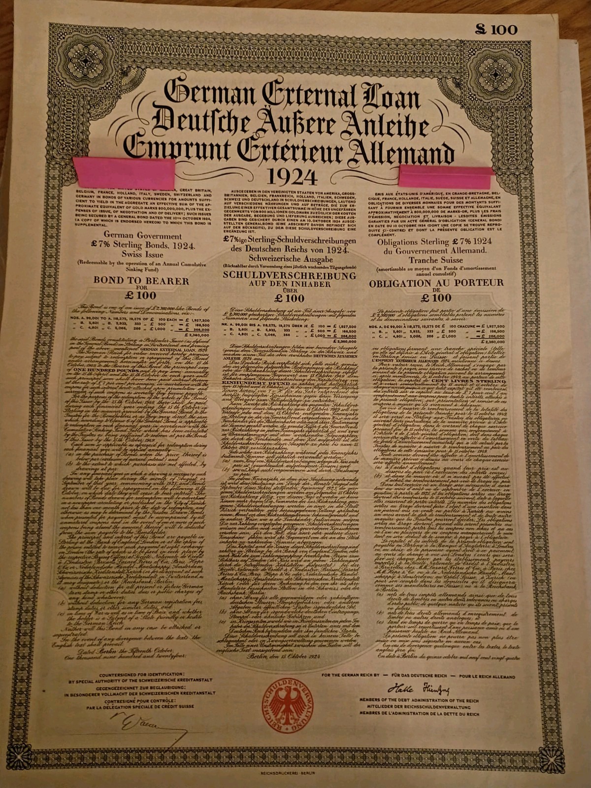 1924 German External Loan £100 Gold Bond – Dawes Loan  – PASS-CO Authenticated