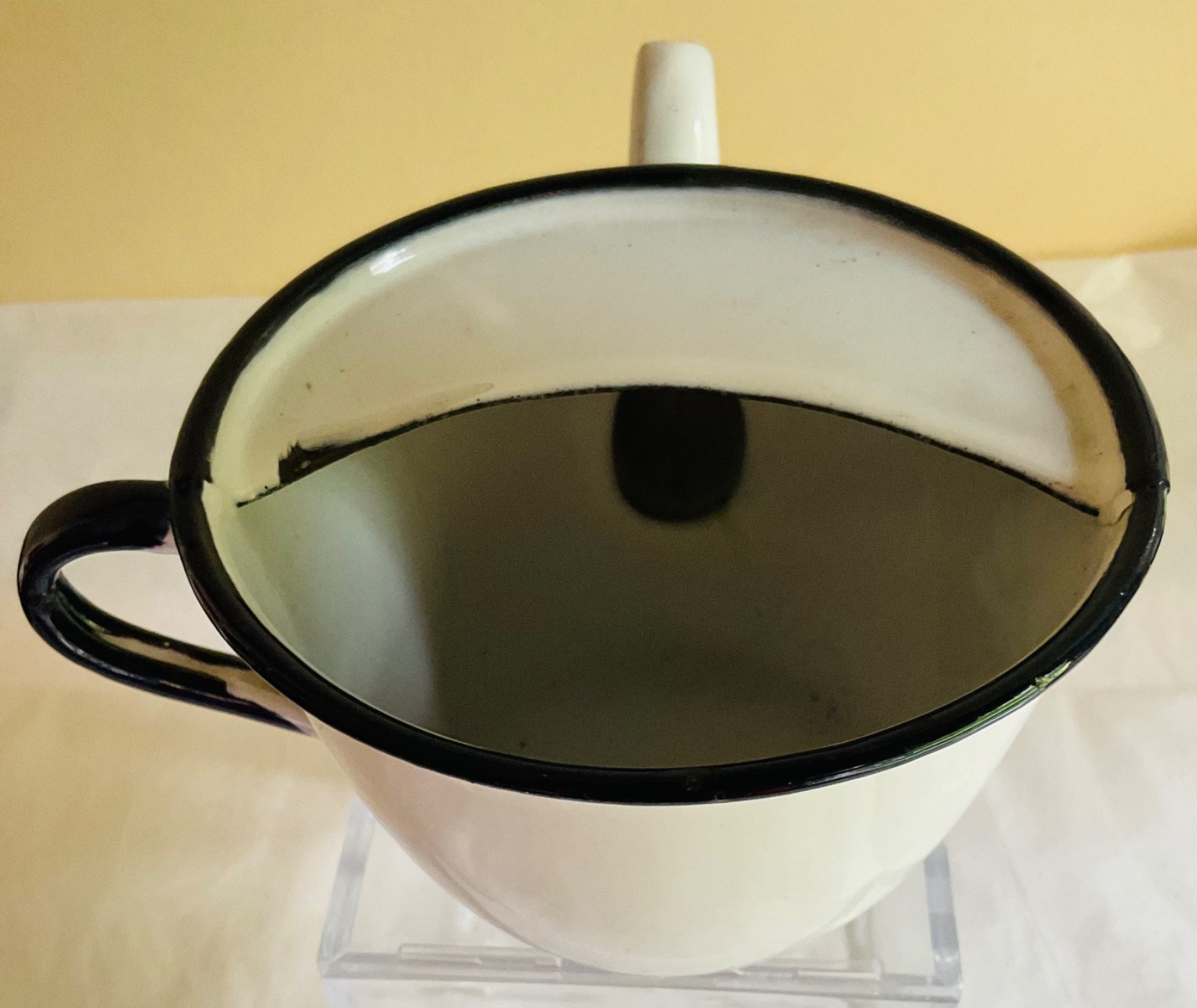 Antique White Enamelware Invalid Feeding Cup Dark Blue Rim Trim Partial Cover 