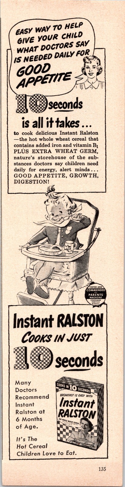 Instant Ralston Hot Cereal, 1950 Today\'s Woman VTG Print Ad, Baby in High Chair Instant Ralston Hot Cereal, 1950 Today\'s Woman VTG Print Ad, Baby in High Chair