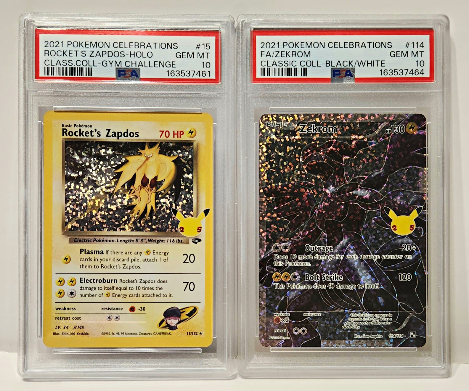 2021 Pokémon Celeb Lot of 2 PSA 10 GEM MINT Cards: Rocket\'s Zapdos & Zekrom