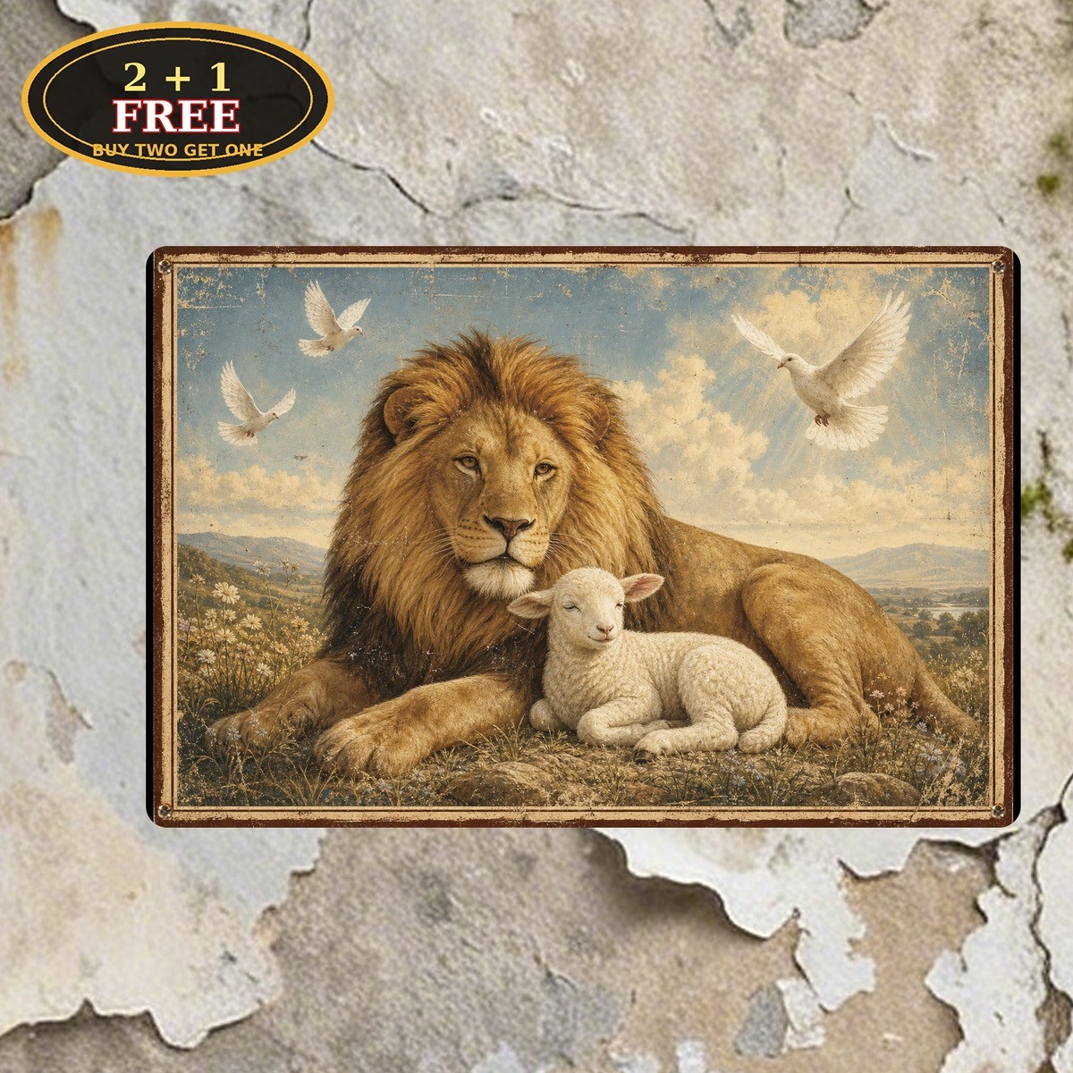 Lion And The Lamb Peace Dove Christian Biblical Art Metal Sign 8x12