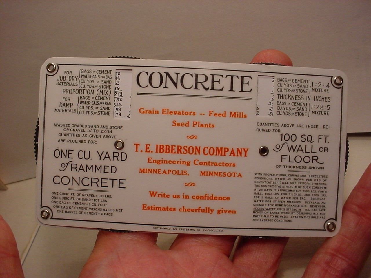 vintage 1927 CONCRETE & LUMBER mix gauge & measurement manual CALCULATOR