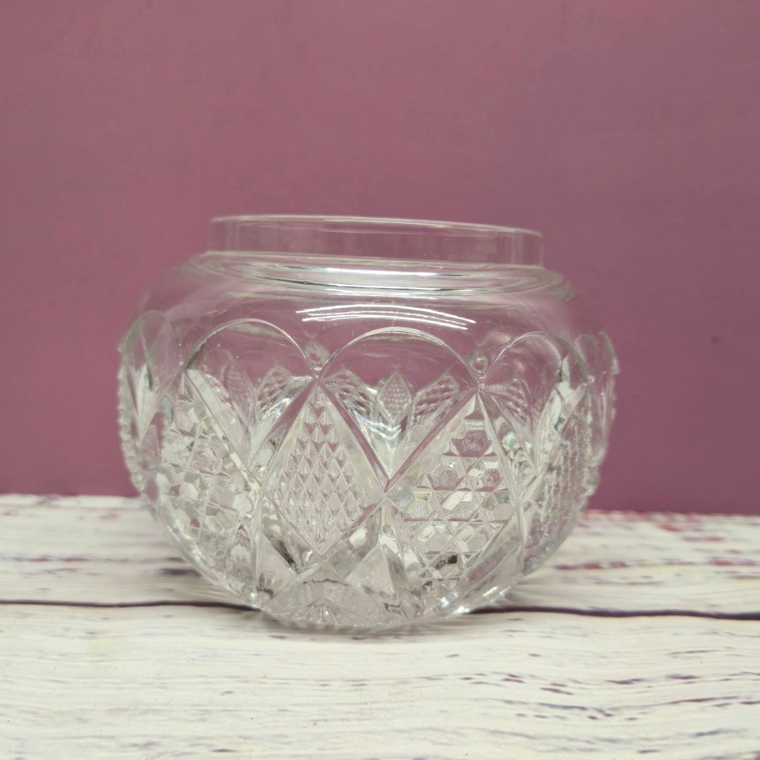 Vintage Cut Crystal Rose Bowl Vanity Jar Open Glass Diamond Pattern no lid