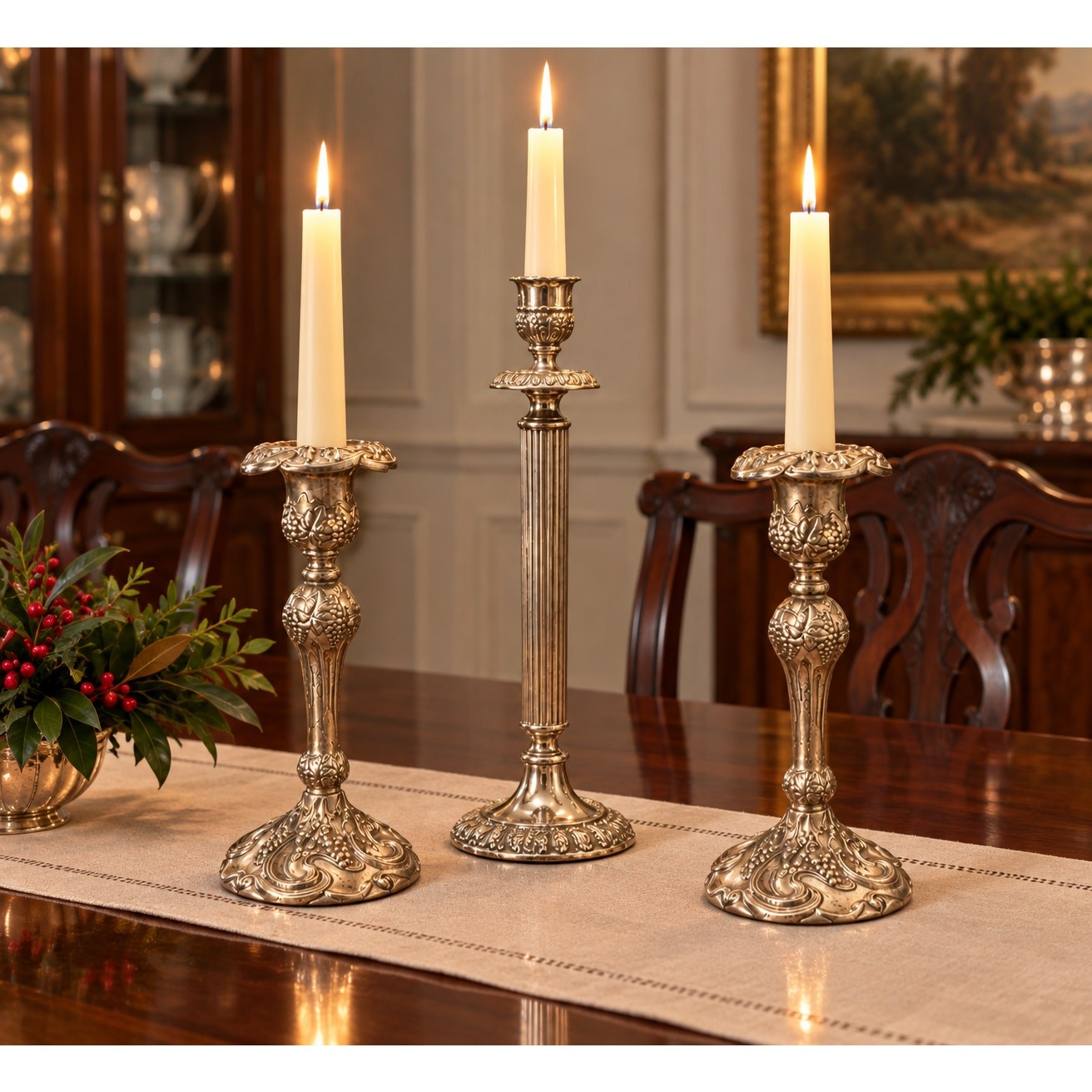 Godinger Silverplate Grapevine Candlesticks Coordinated Set of 3 Vintage