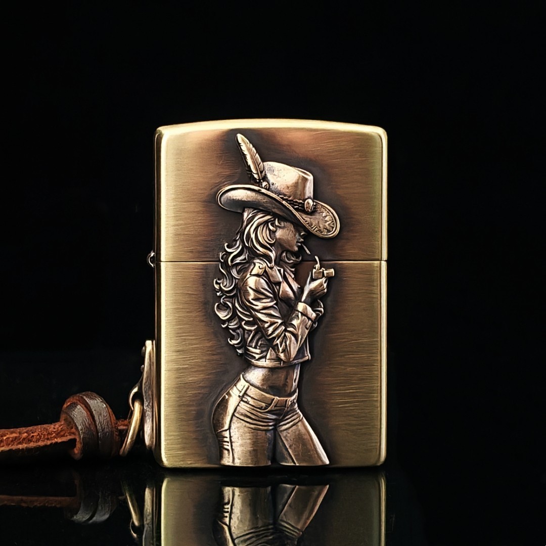 Cowgirl Zippo Lighter – Western Cowboy Brushed Brass Lighter with 3D Emblem