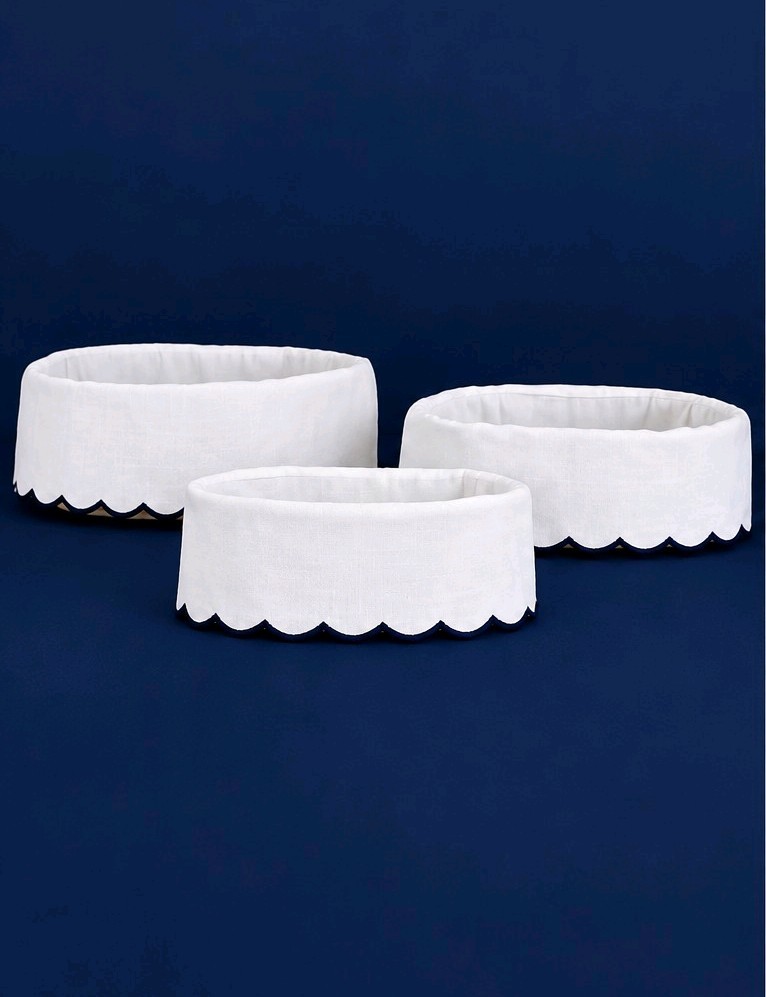 Ballard Designs Bunny Williams Indigo Embroidered Scalloped Large Basket Liner Ballard Designs Bunny Williams Indigo Embroidered Scalloped Large Basket Liner