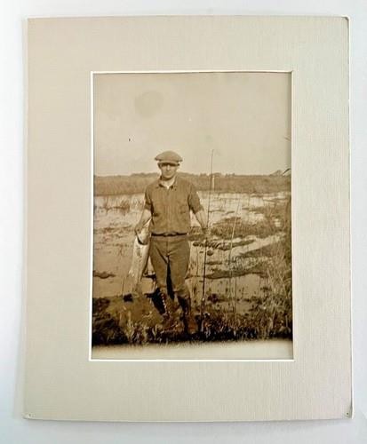 Antique 1920\'s Sepia  Photo Print Of Fisherman With Large Fish & Pole