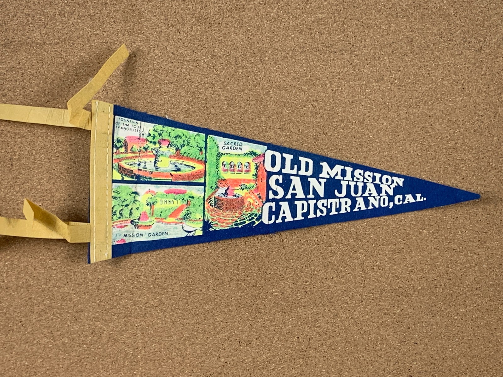 Vintage Felt Travel Pennant Old Mission San Juan Capistrano California, Blue 11”