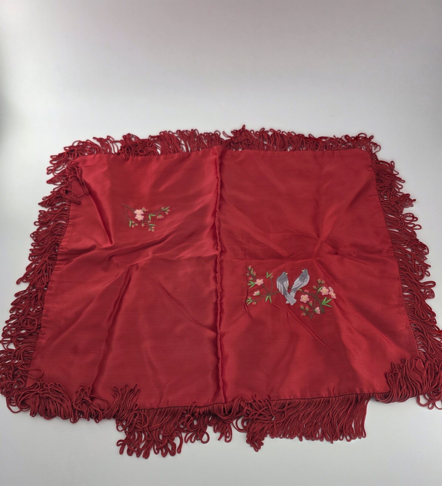 Vintage Red Embroidered Bird Floral Satin Pillow Cover Fringe Button Back