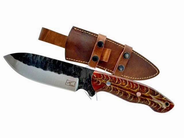 Ipak Hunting Knife Fixed Blade Japanese D2 Tool Steel Red Brown Pine Cone Grip