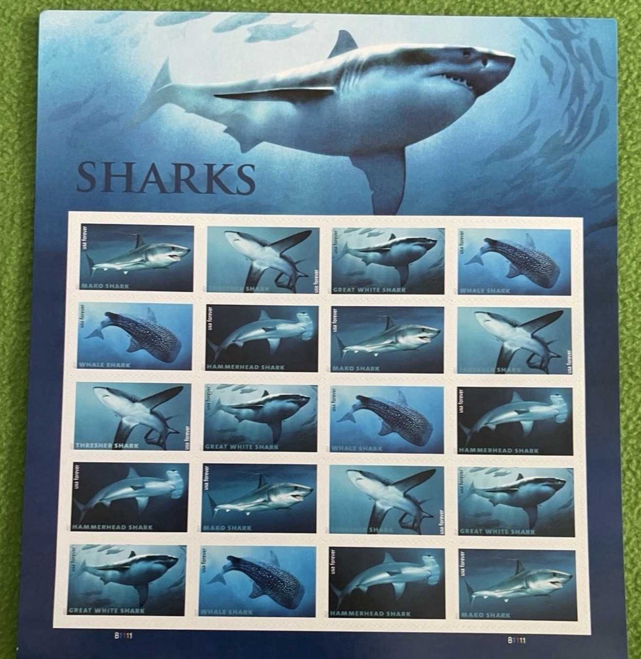 2017 USPS SHEET OF 20 FIRST CLASS LETTER STAMPS SHARKS 78¢