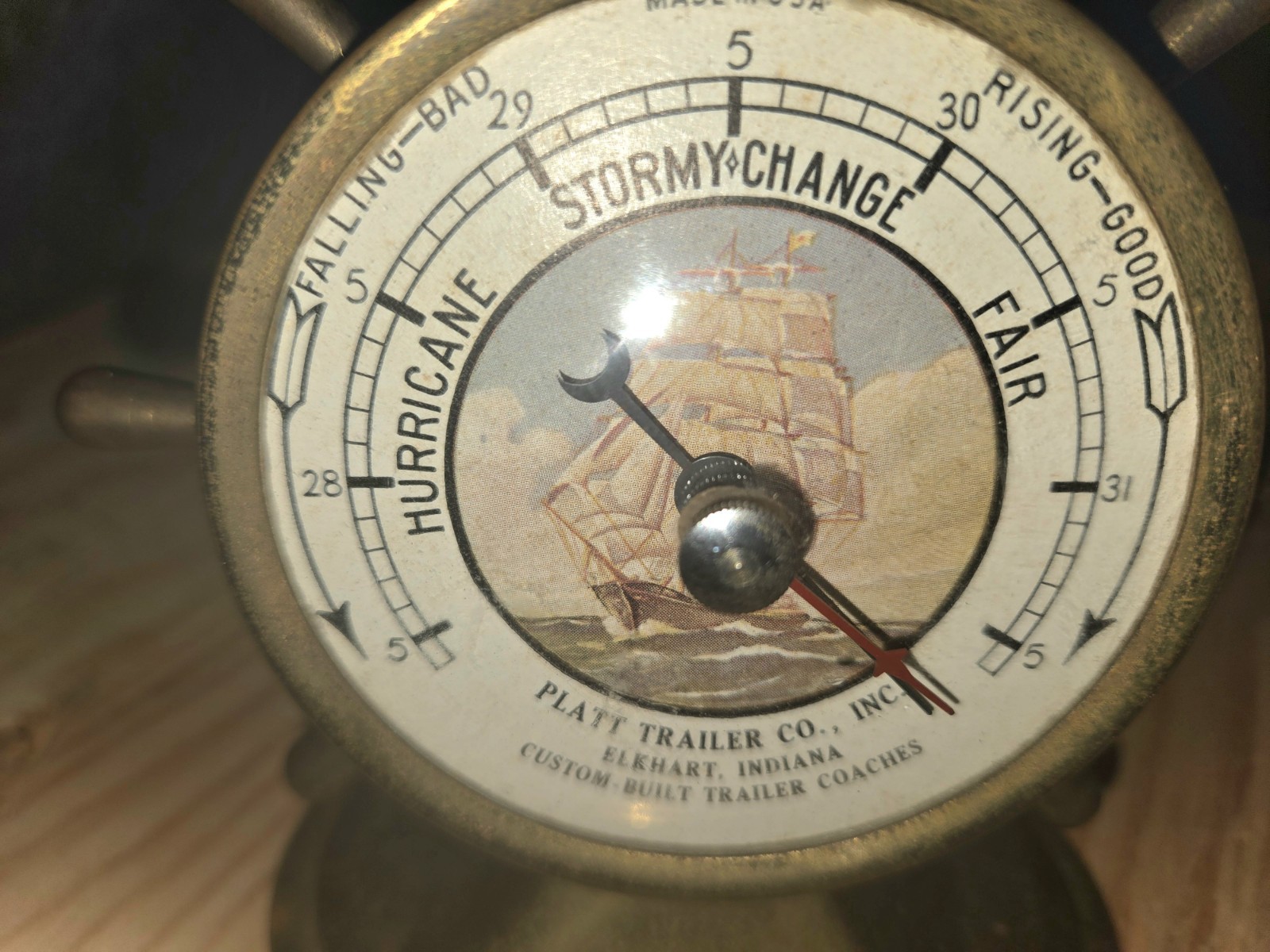 Vintage Platt Trailer Co Elkhart Indiana Brass Ship Wheel Advertising Barometer