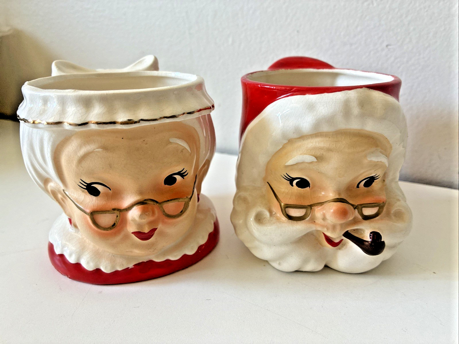 LEFTON Mr & Mrs Santa Claus Vtg Mug Cup Face Glasses Pipe # 4707 4708 RARE EXCEL